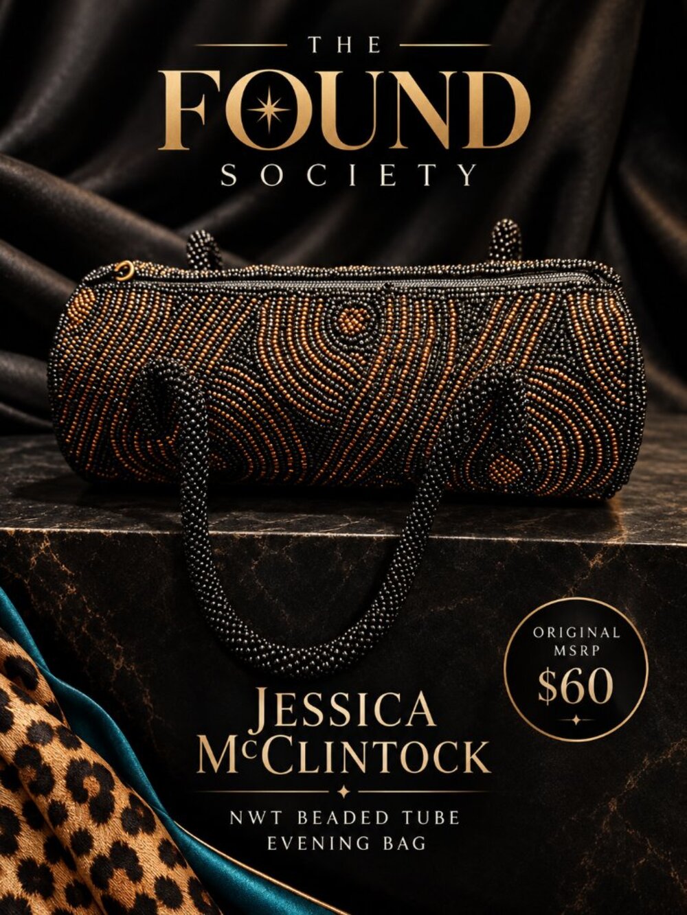 NWT Jessica McClintock Y2K Black Bronze Beaded Tube Evening Bag